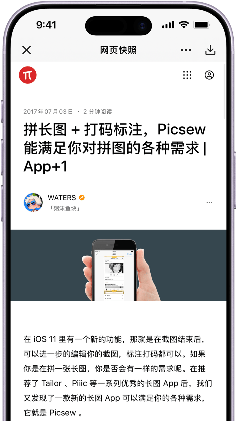 Picsew 网页快照扩展界面