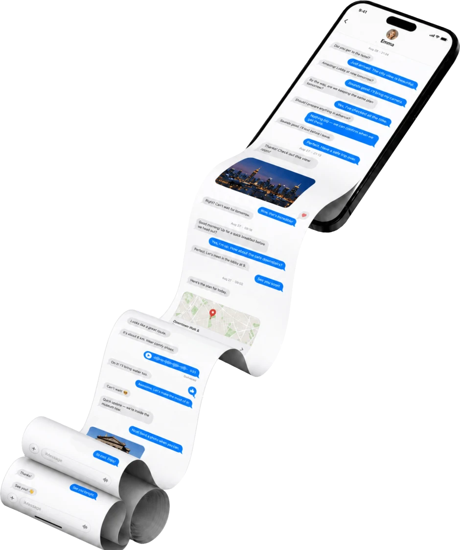 A chat scrollshot unrolling beyond an iPhone screen